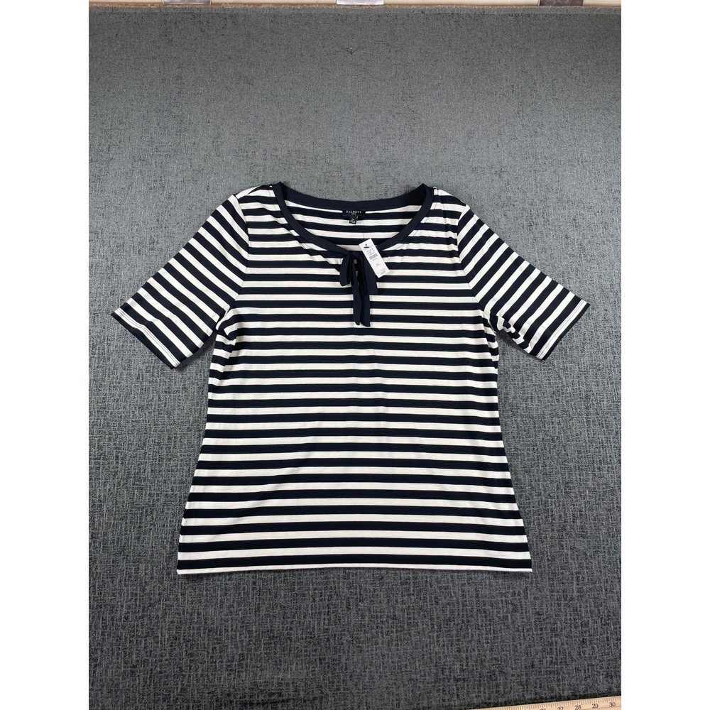 Talbots‎ Petite Navy White Striped Tie Neck Short Sleeve Top LP NWT